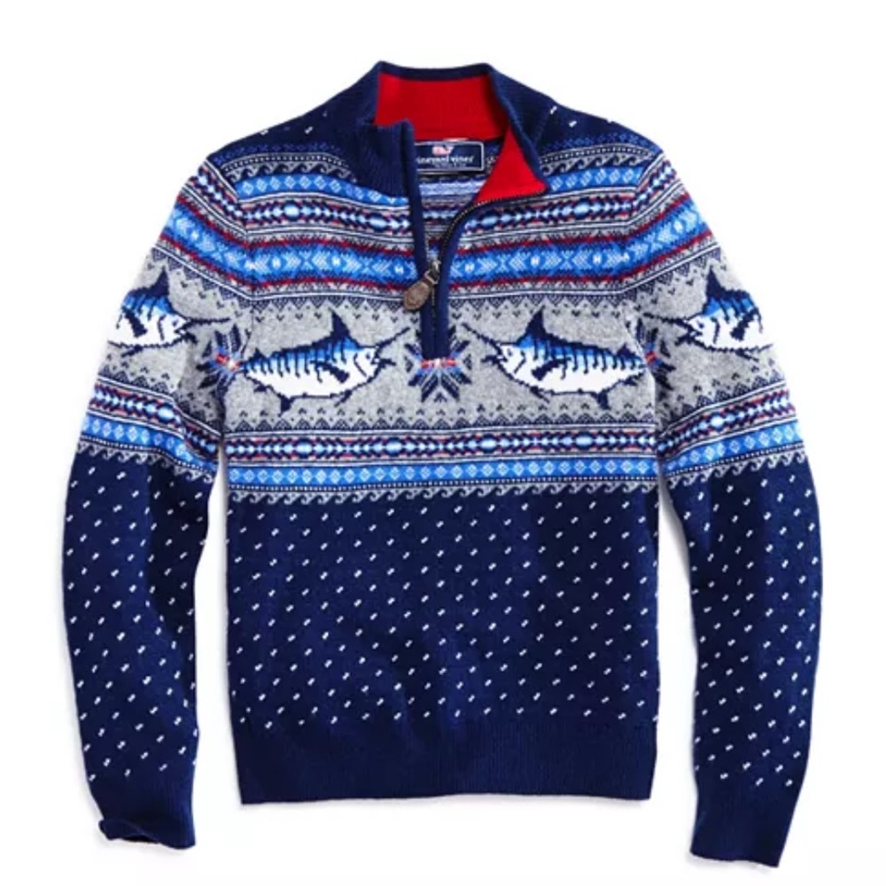 Vineyard Vines Marlin Pattern Fair Isle Zip-Up Merino Wool Blend Sweater Size M